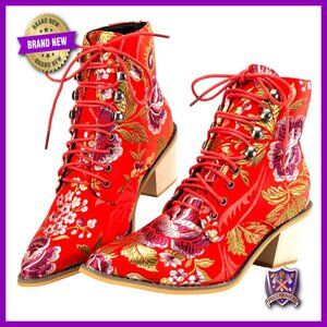 Vintage Floral Embroidered Cowboy Booties Block Heel Ankle Boots